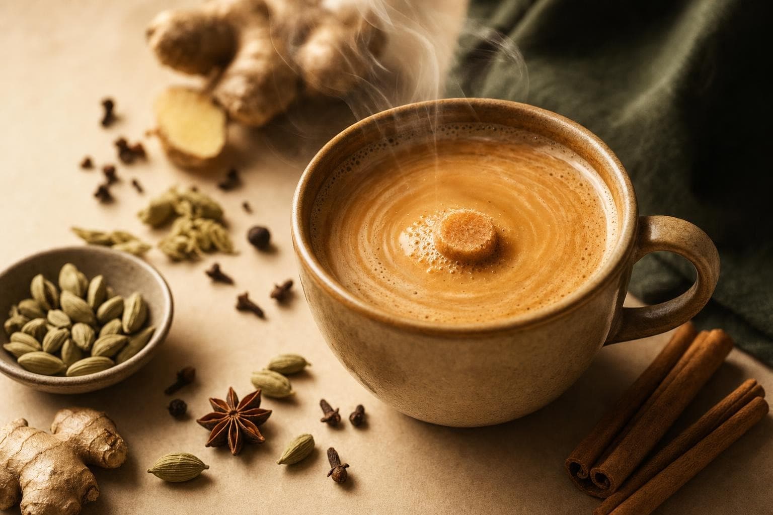 A masala tea tablet dissolving in a hot cup of tea with spices around it