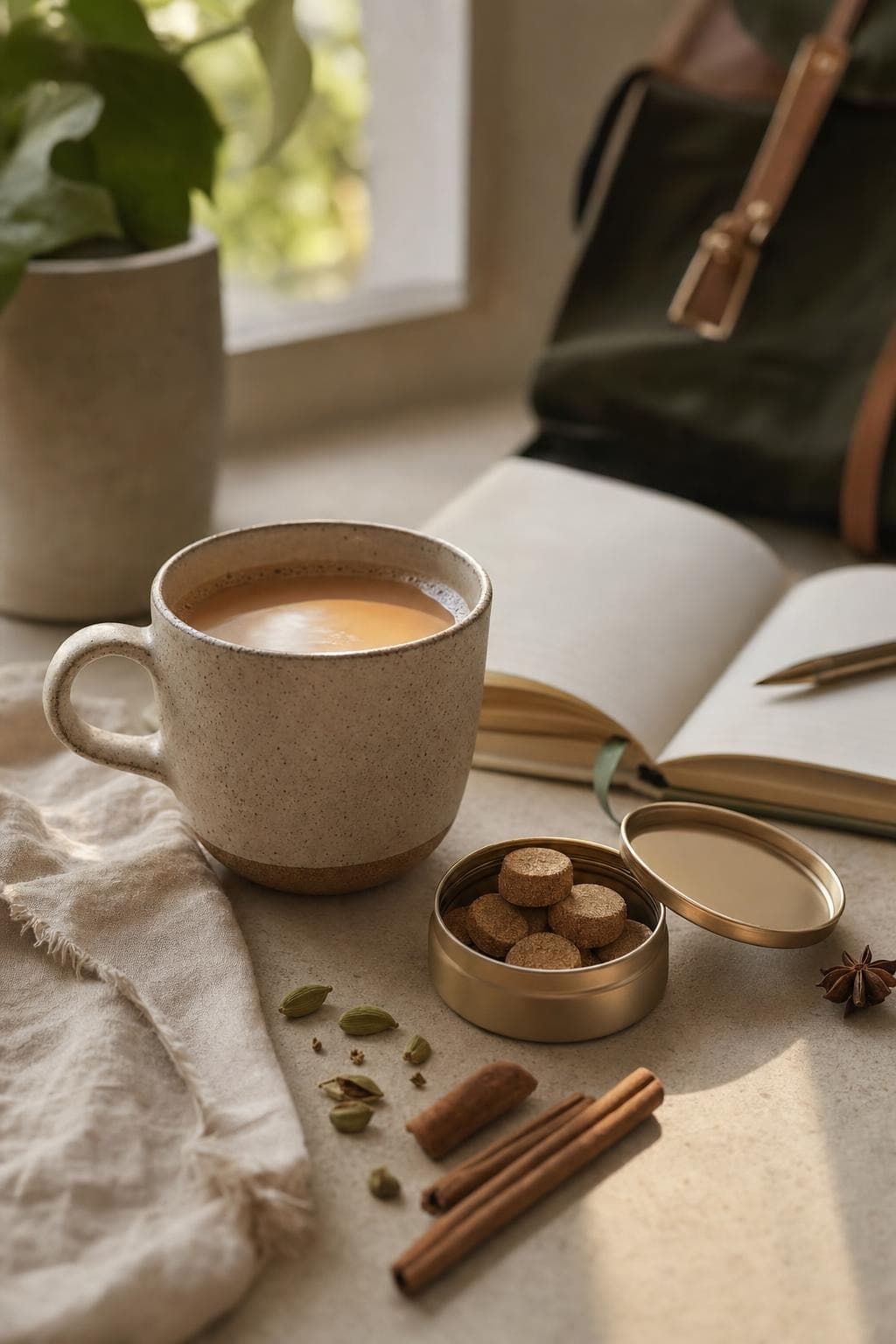 A cup of tea, notebook, and tin of masala tea tablets in an everyday workspace
